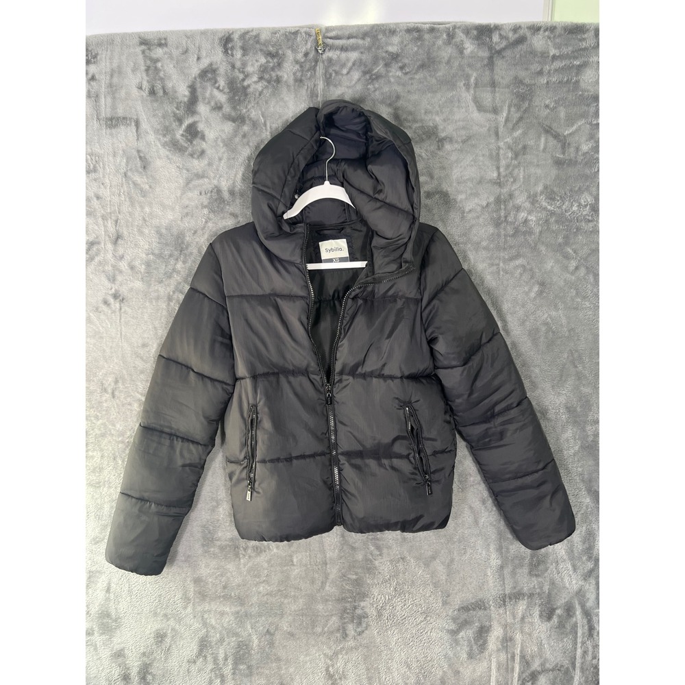 Sybilla Womens Black Hooded Puffer Jacket Full Zip Quilted Coat Size XS